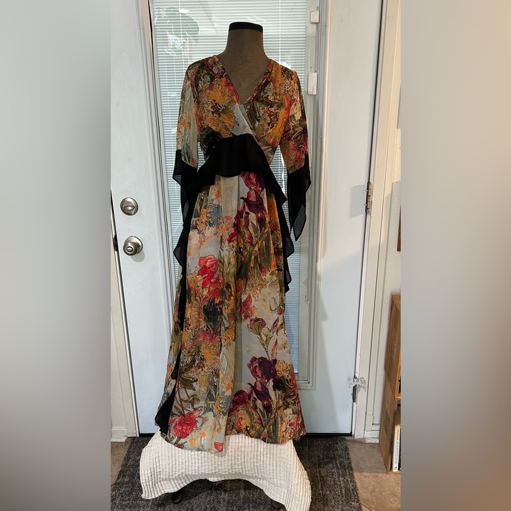 Floral V-Neck Maxi Dress with Black Ruffle Accent